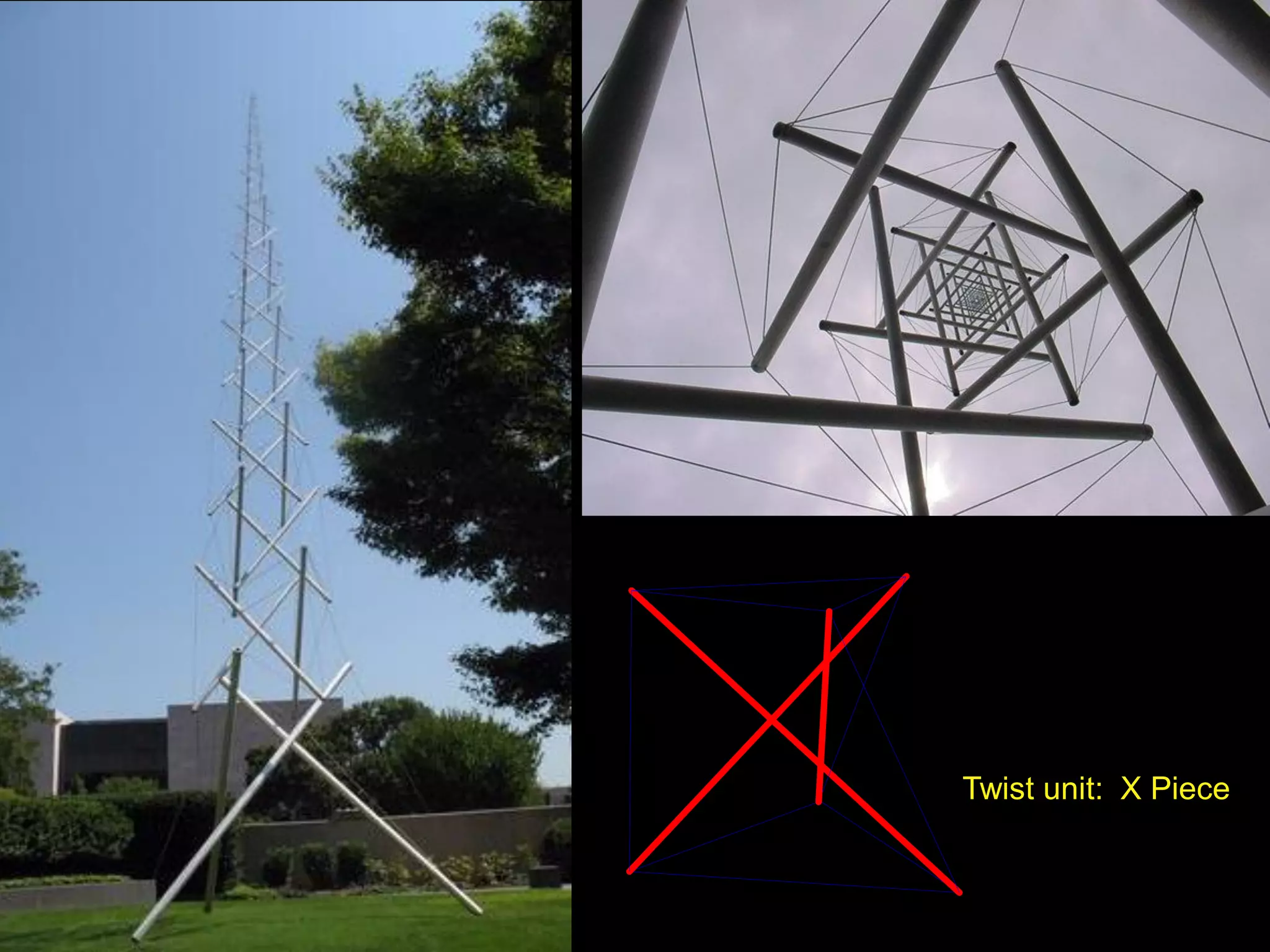 Tensegrity structures may form open or closed systems. In closed systems
discontinuous diagonal struts, which do not touch each other, overlap in any
projection and stabilize the structure without external help that is supports. A basic
example is the polyhedral twist unit which are generated by rotating the base
polygons; the edges are formed by tension cables and the compression struts are
contained within the body. Kenneth Snelson called his famous twist unit, X Piece
(1968), because it forms an X in elevation. This unit is often considered as the
fundamental basis of the tensegrity principle and has inspired subsequent
generations of designers.
The tensegrity sculptures by Kenneth Snelson are famous examples of the
principle as demonstrated by the, Needle Tower at the Hirshorn Museum in
Washington, DC where the compression struts do not touch. Here, the tower is
created by adding twist units with triangular basis, where the triangular module is
decreased with height in addition to changing the direction of twist. Closed
tensegrity structures have not found any practical application in building
construction till now.
 