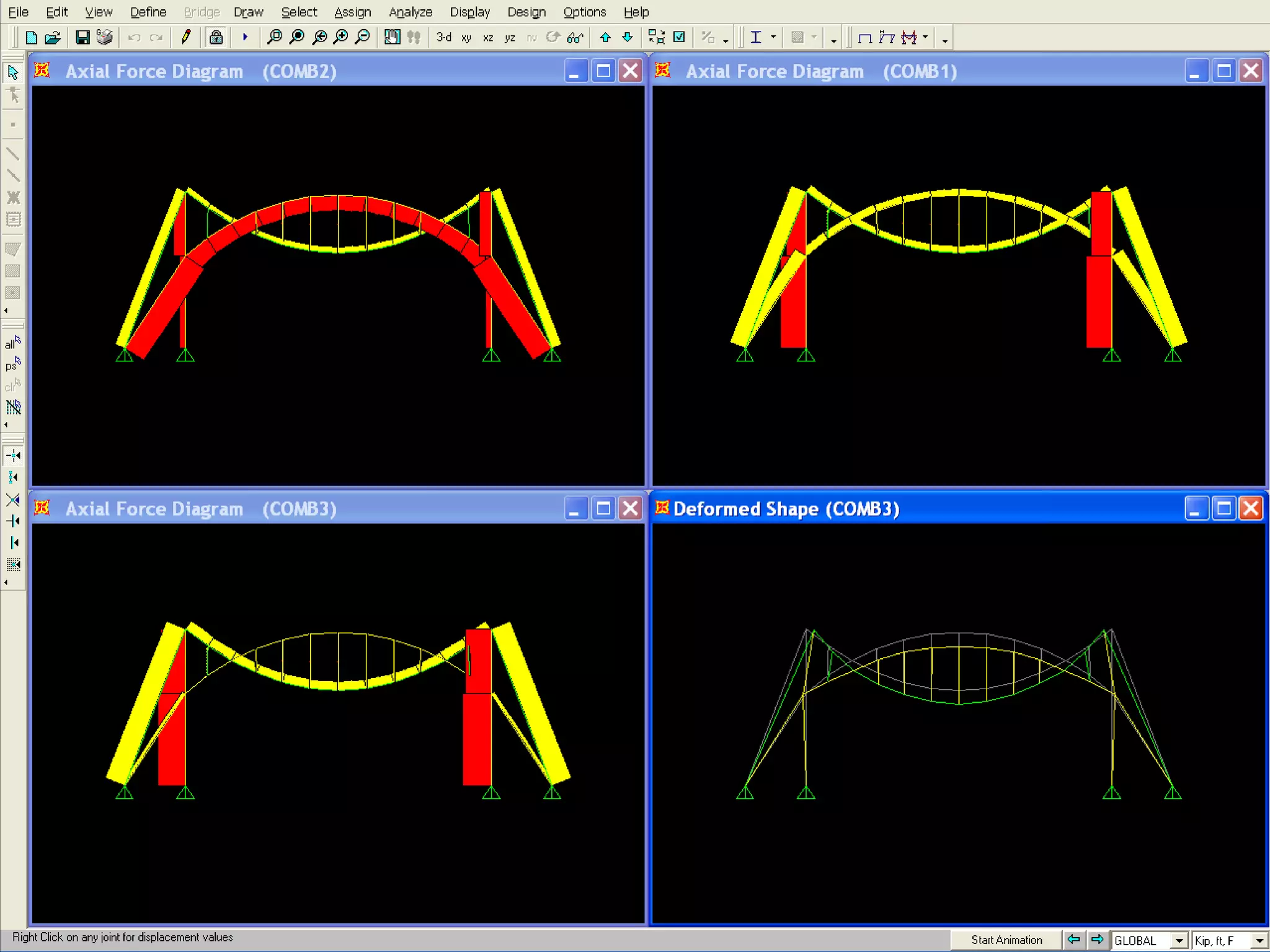 In the first loading stage, prestress forces are induced into the beam structure. The initial
tension (i.e. prestress force minus compression due to cable and spreader weight) in the
arched cable should always be larger than the compression forces that are induced by the
superimposed loads due to the roofing deck and live load; this is to prevent the convex cable
and web ties from becoming slack.
Let us assume that under full loading stage all the loads, w, are carried by the suspended
cables and that the forces in the arched cables are zero. Therefore, when the superimposed
loads are removed, equivalent minimum prestress loads of, w/2, are required to satisfy the
assumed condition, which in turn is based on equal cross-sectional areas of cables and equal
cable sags so that the suspended and arched cables carry the same loads.
Naturally, the equivalent prestress load cannot be zero under maximum loading conditions
since its magnitude is not just a function of strength as based on static loading and initial
cable geometry, but also of dynamic loading including damping (i.e. natural period), stiffness,
and considerations of the erection process. The determination of prestress forces requires a
complex process of analysis, which is beyond the scope of this introductory discussion. It is
assumed for rough preliminary approximation purposes that the final equivalent prestress
loads are equal to, w/2 (often designers us final prestress loads at lest equal to live loads,
wL).
It is surely overly conservative to assume all the loads to be supported by the
suspended cable, while the secondary cable’s only function is to damp the vibration of
the primary cable. Because of the small sag-to-span ratio of cable beams, it is reasonable to
treat the maximum cable force, T, as equal to the horizontal thrust force, H, for preliminary
design purposes.
 