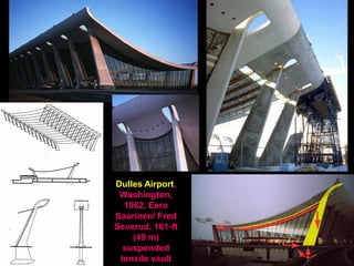 Dulles Airport,
Washington,
1962, Eero
Saarinen/ Fred
Severud, 161-ft
(49 m)
suspended
tensile vault
 