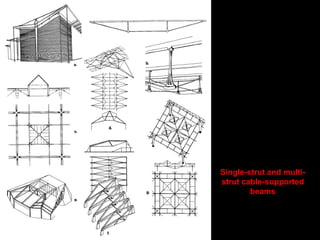 Cable-supported beams and roofs
In contrast to cable-stayed roof structures, where cables give support to the roof
framing from above, here the many possibilities of supporting framework from
below are briefly investigated.
The conventional king-post and queen- post trusses, which represent single-strut
and double-strut cable-supported beams, are familiar. These systems form
composite truss-like structures with steel or wood compression members as
top chords, steel tension rods as bottom chords, and compression struts as
web members.
Single-strut, cable-supported beams can also be overlapped in plane or spatially .
Subtensioned structures range from simple parallel to two-way and complex
spatial systems, which however, are beyond the scope of this context.
 