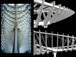 The parabolic spatial roof arch
structure with its 42-m cantilevers is
supported on only two monumental
conical concrete-filled steel pipe
columns spaced at 124 m. The columns
taper from a maximum width of 4.5 m at
roughly 2/3 of their height to 1.3 m at
their bases and capitals, and they are
tied at the 4th and 7th floors into the
structure for reasons of lateral stability.
The glass walls are supported
laterally by 2.6-m deep free-standing
vertical cable trusses which also act
as tie-downs for the spatial roof
truss.
Tokyo International Forum,
Tokyo, Japan, 1996, Rafael
Vinoly Arch. and Kunio
Watanabe Eng
 