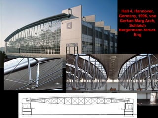 Cable-Supported Arches
When arches are braced or prestressed by tensile elements, they are
stabilized against buckling, and deformations due to various loading
conditions and the corresponding moments are minimized, which in
turn results in reduction of the arch cross-section. The stabilization of
the arch through bracing can be done in various ways.
Typical examples of braced arches with non-prestressed web members are
shown in Fig. 7.15. The most basic braced arch is the tied arch (b).
Arches may be supported by a single or multiple compression struts or
flying columns (c, d)). Slender arches may also be braced against
buckling with radial ties at center span (e) as known from the principle
of the bicycle wheel, where the thin wire spokes of the bicycle wheel are
prestressed with sufficient force so that they do not carry compression
and buckle due to external loads; the uniform radial tension produces
compression in the outer circular rim (ring) of the wheel and tension in
the inner ring. However, in the given case, the diagonal members are
not prestressed. Here, the three members at center-span are struts.
 