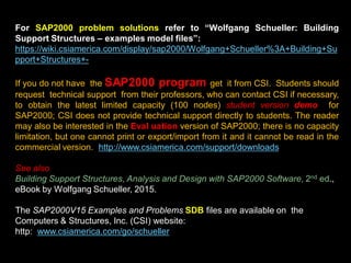 For SAP2000 problem solutions refer to “Wolfgang Schueller: Building
Support Structures – examples model files”:
https://wiki.csiamerica.com/display/sap2000/Wolfgang+Schueller%3A+Building+Su
pport+Structures+-
If you do not have the SAP2000 program get it from CSI. Students should
request technical support from their professors, who can contact CSI if necessary,
to obtain the latest limited capacity (100 nodes) student version demo for
SAP2000; CSI does not provide technical support directly to students. The reader
may also be interested in the Eval uation version of SAP2000; there is no capacity
limitation, but one cannot print or export/import from it and it cannot be read in the
commercial version. (http://www.csiamerica.com/support/downloads)
See also,
Building Support Structures, Analysis and Design with SAP2000 Software, 2nd ed.,
eBook by Wolfgang Schueller, 2015.
The SAP2000V15 Examples and Problems SDB files are available on the
Computers & Structures, Inc. (CSI) website:
http://www.csiamerica.com/go/schueller
 