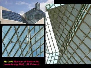 Introducing to the semicircular arch a horizontal tie rod (Problem 9.3) at mid-
height, reduces lateral displacement of the arches due to uniform gravity
action substantially, so that the combination of gravity load and wind load
controls now the design rather than primarily uniform gravity loading for an
arch without a tie. Also the moments due to the gravity and wind load
combination are reduced since the tie remains in tension as it transfers part of
the wind load in compression to the other side of the arch. In contrast, when
the arch is braced with a trussed network , then the arch is stiffened laterally
very much, so that the uniform gravity loading case controls the design with
the corresponding smaller moments.
Similar behavior occurs for the arch placed on the diagonal (Fig. 9.14d, e). As
a pure arch its design is controlled by bending with very small axial forces as
based on gravity loading, in other words it behaves as a flexural system.
However, when prestressed tensile webbing is introduced the moments in the
arch are substantially reduced and the axial forces increased, now the arch
approaches more the behavior of an axial-flexural structure system
requiring much smaller member sizes; also here the controlling load case is
gravity plus prestressing although the design of some members is based on
dead load and prestressing. For further discussion refer to Problem
 