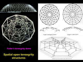 In contrast, open tensegrity structures are stabilized at the
supports. Therefore, no diagonal compression members are required and
shorter struts can be used.
Open tensegrity structures can form planar or spatial structures.
• Examples of planar systems include: cable beams, cable trusses, cable
frames as shown in Fig.s 11.18a, 11.19 and 11.22. These structures can also
form spatial units as shown in Fig.s 11.18c and Fig.11.21.
• Examples of spatial systems include: flat or bent roof structures.
Examples of the spatial open tensegrity systems are the tensegrity domes.
David Geiger invented a new generation of low-profile domes, which he called
cable domes. He derived the concept from Buckminster Fuller’s aspension
(ascending suspension) tensegrity domes.
 
