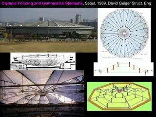 The cable dome concept can also be perceived as ridge cables radiating from
the central tension ring to the perimeter compression ring. They are held up
by the short compression struts, which in turn, are supported by the
concentric hoop (or ring) cables and are braced by the intermediate tension
diagonals, as well as by the radial cables. A typical diagonal cable is attached
to the top of a post and to the bottom of the next post.
The pie-shaped fabric panels span from ridge cable to ridge cable and then
are tensioned by the valley cables, thus being shaped into anticlastic
surfaces; they contribute to the overall stiffness of the dome. The maximum
radial cable spacing is limited by the strength of the fabric and detail
considerations. The number of tension hoop is a function of the dome span.
The sequence of erection of the roof network, which is done without
scaffolding, is critical, that is, the stressing sequence of the posttensioned
roof cables to pull the dome up into place.
 