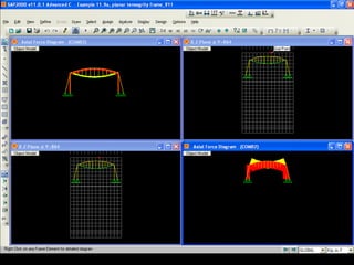 Tensegrity Frames
Typical planar tensegrity frames are shown in Fig. 11.21, where suspended
cables are connected to a second set of cables of reverse curvature to form
pretensioned cable trusses, which remain in tension under any loading
condition. In other words, visualize a single suspended (concave) cable, the
primary cable, to be stabilized by a secondary arched (convex) cable or
prestressing cable. This secondary cable can be placed on top of the
primary cable by employing compression struts, thus forming a lens-shaped
beam (Fig. 11.10a), or it can be located below the primary cable (either by
touching or being separated at center) by connecting the two cables with
tension ties or diagonals (c). A combination of the two cable configurations
yields a convex-concave cable beam (b).
The use of the dual-cable approach not only causes the single flexible cable to
be more stable with respect to fluttering, but also results in higher strength and
stiffness. The stiffness of the cable beam depends on the curvature of the
cables, cable size, level of pretension, and support conditions. The cable
beam is highly indeterminate from a force flow point of view; it cannot be
considered a rigid beam with a linear behavior in the elastic range. The
sharing of the loads between the cables, that is, finding the proportion of the
load carried by each cable, is an extremely difficult problem.
 
