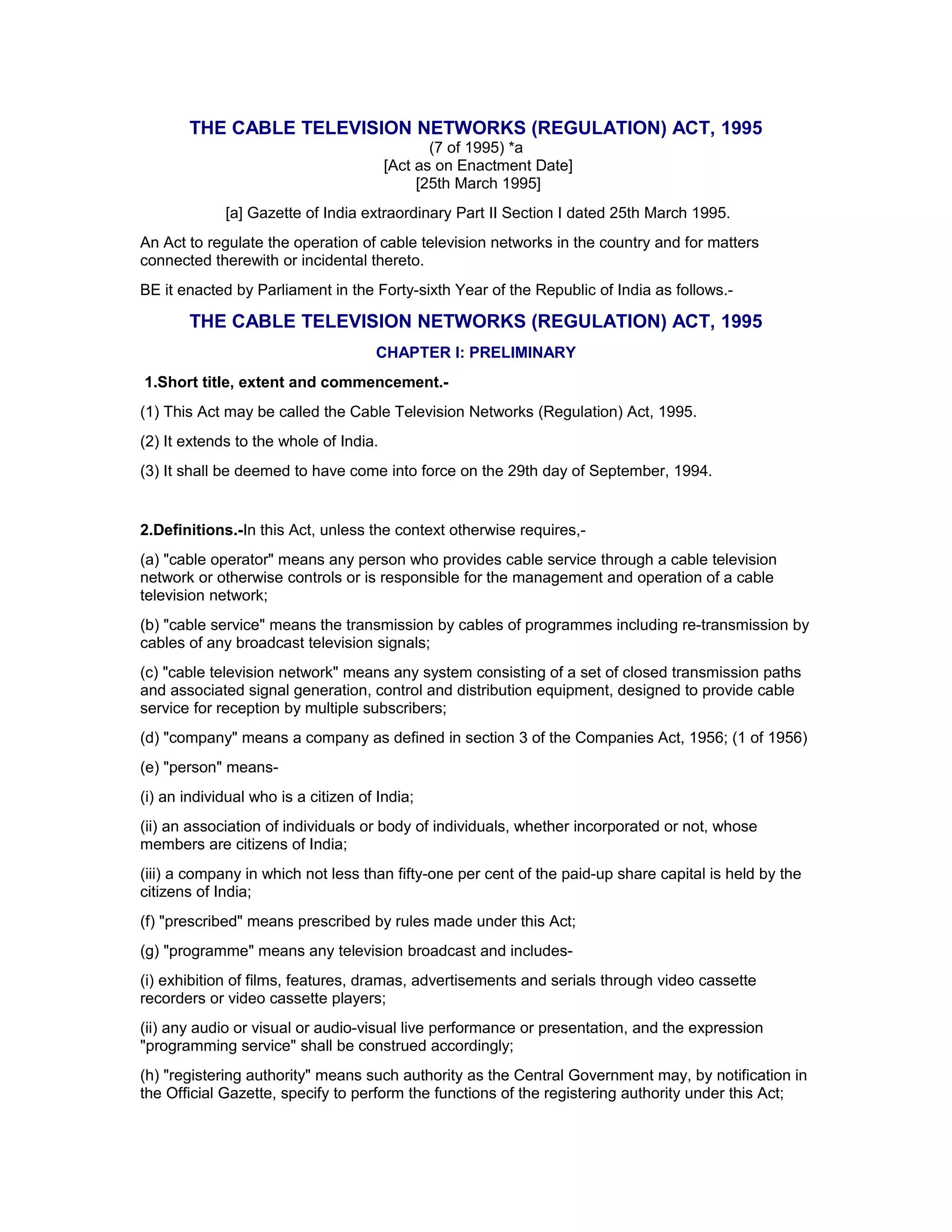 The cable television networks regulation) act, 1995 PDF