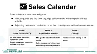 Month 1
Sales Kickoff (SKO)
Month 2
Pipeline Inspections
Month 3
Closing
Set new plans, territories,
objectives, spiffs.
R...