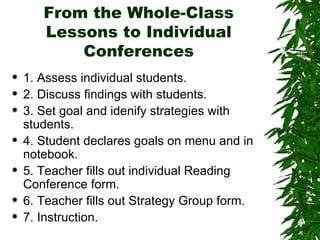 From the Whole-Class Lessons to Individual Conferences 1. Assess individual students. 2. Discuss findings with students. 3. Set goal and idenify strategies with students. 4. Student declares goals on menu and in notebook. 5. Teacher fills out individual Reading Conference form. 6. Teacher fills out Strategy Group form. 7. Instruction. 