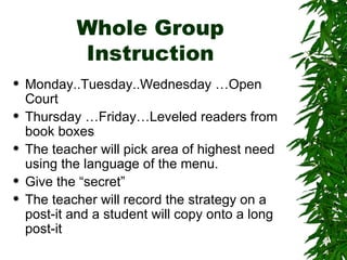 Whole Group Instruction Monday..Tuesday..Wednesday …Open Court Thursday …Friday…Leveled readers from book boxes The teacher will pick area of highest need using the language of the menu. Give the “secret” The teacher will record the strategy on a post-it and a student will copy onto a long post-it 