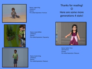 Thanks for reading!
Name: Logan King
2/9/9/5/1                                     
Gemini
Pre-rolled Aspiration: Fortune       Here are some more
                                     generations 4 stats!




 Name: Jacob Wilkie
 2/9/9/5/1
 Gemini
 Pre-rolled Aspiration: Popularity




                                      Name: Kaitlin Time
                                      10/7/10/7/1
                                      Scorpio
                                      Pre-rolled Aspiration: Pleasure
 Name: Austin King
 2/9/9/5/1
 Gemini
 Pre-rolled Aspiration: Pleasure
 