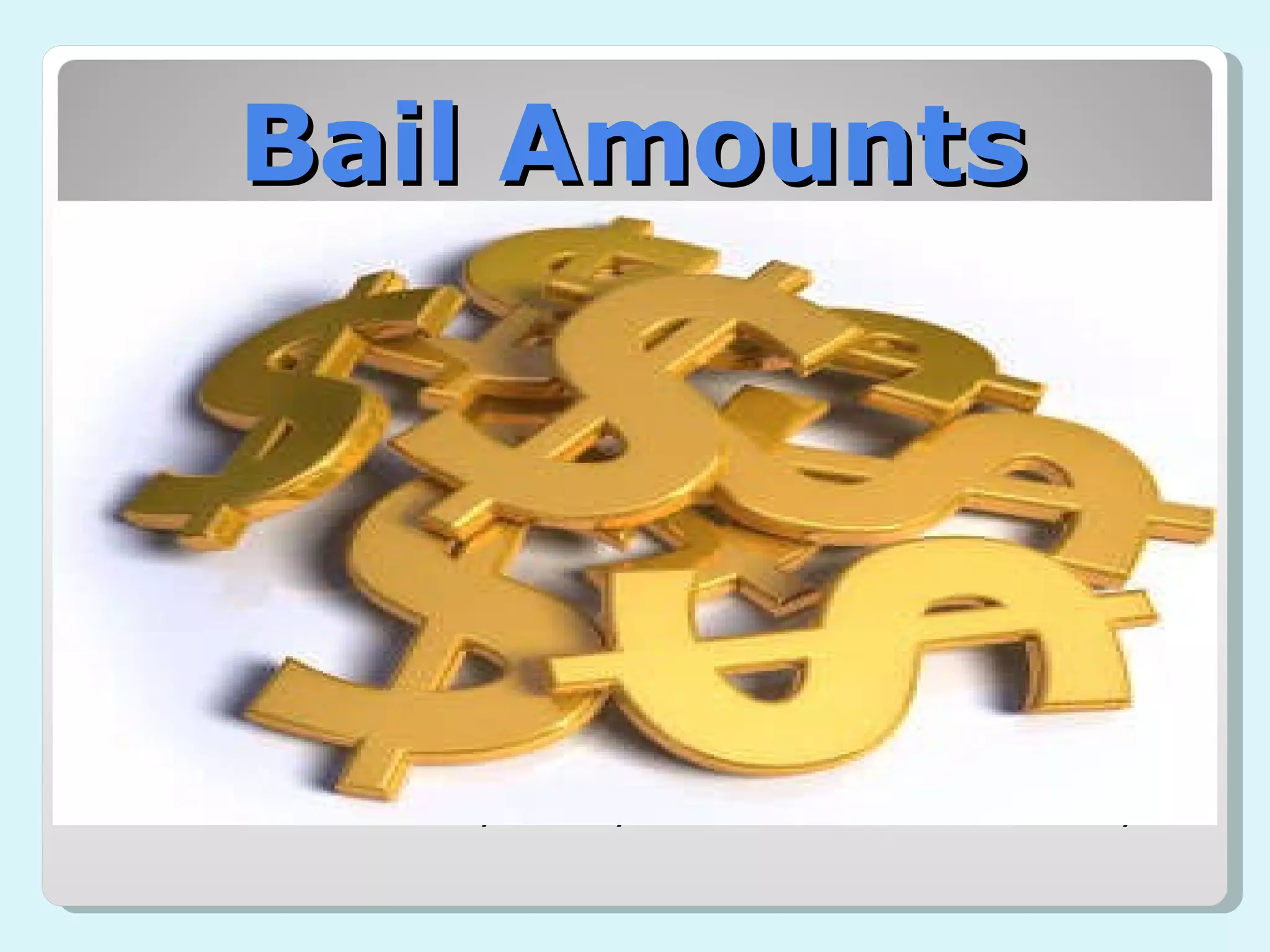 Bail Amounts Texas Code of Criminal Procedure 17.15 The judge setting the bail amount is governed by the Constitution and the following considerations: That the bail should be sufficiently high to give reasonable assurance that the defendant will comply with the court’s orders and make the proper appearances if released from jail That requiring bail is not being used as an instrument of oppression The nature of the offense and the circumstances under which it was allegedly committed The ability of the arrested person to make bail The future safety of any victims in the community 