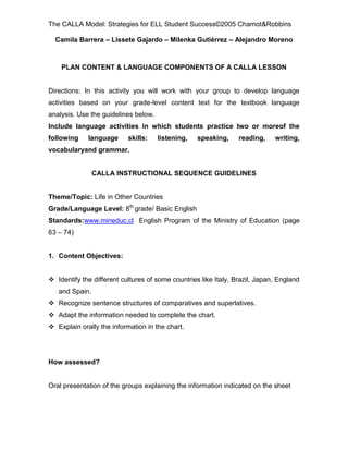 The CALLA Model: Strategies for ELL Student Success©2005 Chamot&Robbins

  Camila Barrera – Lissete Gajardo – Milenka Gutiérrez – Alejandro Moreno



    PLAN CONTENT & LANGUAGE COMPONENTS OF A CALLA LESSON


Directions: In this activity you will work with your group to develop language
activities based on your grade-level content text for the textbook language
analysis. Use the guidelines below.
Include language activities in which students practice two or moreof the
following    language      skills:    listening,   speaking,     reading,    writing,
vocabularyand grammar.


                CALLA INSTRUCTIONAL SEQUENCE GUIDELINES


Theme/Topic: Life in Other Countries
Grade/Language Level: 8th grade/ Basic English
Standards:www.mineduc.cl English Program of the Ministry of Education (page
63 – 74)


1. Content Objectives:


 Identify the different cultures of some countries like Italy, Brazil, Japan, England
   and Spain.
 Recognize sentence structures of comparatives and superlatives.
 Adapt the information needed to complete the chart.
 Explain orally the information in the chart.




How assessed?


Oral presentation of the groups explaining the information indicated on the sheet
 