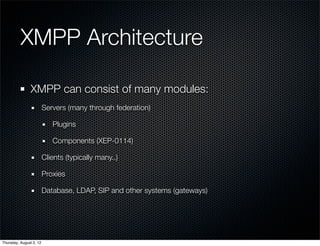XMPP Architecture

                XMPP can consist of many modules:
                         Servers (many through federation)

                            Plugins

                            Components (XEP-0114)

                         Clients (typically many..)

                         Proxies

                         Database, LDAP, SIP and other systems (gateways)




Thursday, August 2, 12
 
