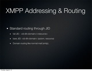 XMPP Addressing & Routing

                 Standard routing through JID
                         full JID: <id>@<domain>/<resource>

                         bare JID: <id>@<domain> (autom. resource)

                         Domain routing like normal mail (smtp).




Thursday, August 2, 12
 