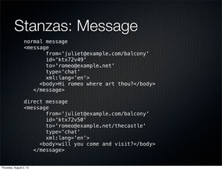 Stanzas: Message
                  normal message
                  <message
                         from='juliet@example.com/balcony'
                         id='ktx72v49'
                         to='romeo@example.net'
                         type='chat'
                         xml:lang='en'>
                       <body>Hi romeo where art thou?</body>
                     </message>

                  direct message
                  <message
                         from='juliet@example.com/balcony'
                         id='ktx72v50'
                         to='romeo@example.net/thecastle'
                         type='chat'
                         xml:lang='en'>
                       <body>will you come and visit?</body>
                     </message>


Thursday, August 2, 12
 