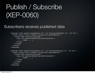 Publish / Subscribe
          (XEP-0060)
      Subscribers receives published data
                   <message from='pubsub.shakespeare.lit' to='francisco@denmark.lit' id='foo'>
                     <event xmlns='http://jabber.org/protocol/pubsub#event'>
                       <items node='princely_musings'>
                         <item id='ae890ac52d0df67ed7cfdf51b644e901'>
                           [ ... ENTRY ... ]
                         </item>
                       </items>
                     </event>
                   </message>

                   <message from='pubsub.shakespeare.lit' to='bernardo@denmark.lit' id='bar'>
                     <event xmlns='http://jabber.org/protocol/pubsub#event'>
                       <items node='princely_musings'>
                         <item id='ae890ac52d0df67ed7cfdf51b644e901'>
                           [ ... ENTRY ... ]
                         </item>
                       </items>
                     </event>
                   </message>



Thursday, August 2, 12
 