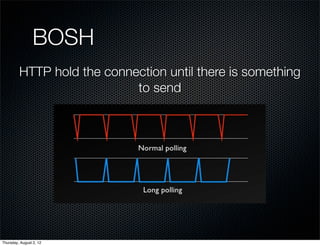 BOSH
         HTTP hold the connection until there is something
                            to send




Thursday, August 2, 12
 