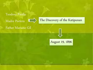 Teodoro Patiflo 
Madre Portera 
Father Mariano Gil 
The Discovery of the Katipunan 
August 19, 1896 
 