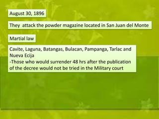 August 30, 1896 
They attack the powder magazine located in San Juan del Monte 
Martial law 
Cavite, Laguna, Batangas, Bulacan, Pampanga, Tarlac and 
Nueva Ecija 
-Those who would surrender 48 hrs after the publication 
of the decree would not be tried in the Military court 
 