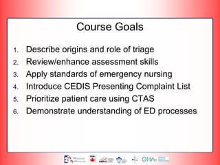 Course Goals
1. Describe origins and role of triage
2. Review/enhance assessment skills
3. Apply standards of emergency nursing
4. Introduce CEDIS Presenting Complaint List
5. Prioritize patient care using CTAS
6. Demonstrate understanding of ED processes
 
