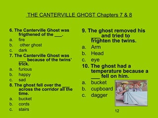 12
THE CANTERVILLE GHOST Chapters 7 & 8
6. The Canterville Ghost was
frigthened of the ___.
a. fire
b. other ghost
c. dark
7. The Canterville Ghost was
___ because of the twins’
trick.
a. furious
b. happy
c. sad
8. The ghost fell over the ___
across the corridor all the
time.
a. bucket
b. cords
c. stairs
9. The ghost removed his
___ and tried to
frighten the twins.
a. Arm
b. Head
c. eye
10. The ghost had a
temperature because a
___ fell on him.
a. bucket
b. cupboard
c. dagger
 