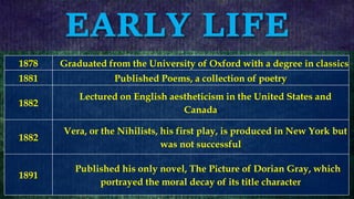EARLY LIFE
1878 Graduated from the University of Oxford with a degree in classics
1881 Published Poems, a collection of poetry
1882
Lectured on English aestheticism in the United States and
Canada
1882
Vera, or the Nihilists, his first play, is produced in New York but
was not successful
1891
Published his only novel, The Picture of Dorian Gray, which
portrayed the moral decay of its title character
 