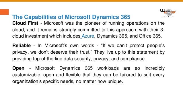 The Capabilities of Microsoft Dynamics 365
Cloud First - Microsoft was the pioneer of running operations on the
cloud, and it remains strongly committed to this approach, with their 3-
cloud investment which includes Azure, Dynamics 365, and Office 365.
Reliable - In Microsoft’s own words - “If we can’t protect people’s
privacy, we don’t deserve their trust.” They live up to this statement by
providing top-of-the-line data security, privacy, and compliance.
Open - Microsoft Dynamics 365 workloads are so incredibly
customizable, open and flexible that they can be tailored to suit every
organization’s specific needs, no matter how unique.
 