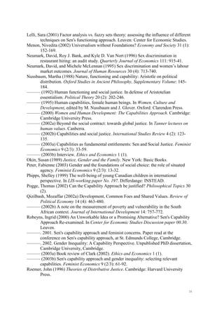 56
Lelli, Sara (2001) Factor analysis vs. fuzzy sets theory: assessing the influence of different
techniques on Sen's functioning approach. Leuven: Center for Economic Studies.
Menon, Nivedita (2002) Universalism without Foundations? Economy and Society 31 (1):
152-169.
Neumark, David, Roy J. Bank, and Kyle D. Van Nort (1996) Sex discrimination in
restaurant hiring: an audit study. Quarterly Journal of Economics 111: 915-41.
Neumark, David, and Michele McLennan (1995) Sex discrimination and women’s labour
market outcomes. Journal of Human Resources 30 (4): 713-740.
Nussbaum, Martha (1988) Nature, functioning and capability: Aristotle on political
distribution. Oxford Studies in Ancient Philosophy, Supplementary Volume: 145-
184.
——— (1992) Human functioning and social justice. In defense of Aristotelian
essentialism. Political Theory 20 (2): 202-246.
——— (1995) Human capabilities, female human beings. In Women, Culture and
Development, edited by M. Nussbaum and J. Glover. Oxford: Clarendon Press.
——— (2000) Women and Human Development: The Capabilities Approach. Cambridge:
Cambridge University Press.
——— (2002a) Beyond the social contract: towards global justice. In Tanner lectures on
human values. Canberra.
——— (2002b) Capabilities and social justice. International Studies Review 4 (2): 123-
135.
——— (2003a) Capabilities as fundamental entitlements: Sen and Social Justice. Feminist
Economics 9 (2/3): 33-59.
——— (2003b) Interview. Ethics and Economics 1 (1).
Okin, Susan (1989) Justice, Gender and the Family. New York: Basic Books.
Peter, Fabienne (2003) Gender and the foundations of social choice: the role of situated
agency. Feminist Economics 9 (2/3): 13-32.
Phipps, Shelley (1999) The well-being of young Canadian children in international
perspective. In LIS-working paper No. 197. Differdange: INSTEAD.
Pogge, Thomas (2002) Can the Capability Approach be justified? Philosophical Topics 30
(2).
Qizilbash, Mozaffar (2002a) Development, Common Foes and Shared Values. Review of
Political Economy 14 (4): 463-480.
——— (2002b) A note on the measurement of poverty and vulnerability in the South
African context. Journal of International Development 14: 757-772.
Robeyns, Ingrid (2000) An Unworkable Idea or a Promising Alternative? Sen's Capability
Approach Re-examined. In Center for Economic Studies Discussion paper 00.30.
Leuven.
———. 2001. Sen's capability approach and feminist concerns. Paper read at the
conference on Sen's capability approach, at St. Edmunds College, Cambridge.
———. 2002. Gender Inequality: A Capability Perspective. Unpublished PhD dissertation,
Cambridge University, Cambridge.
——— (2003a) Book review of Clark (2002). Ethics and Economics 1 (1).
——— (2003b) Sen's capability approach and gender inequality: selecting relevant
capabilities. Feminist Economics 9 (2/3): 61-92.
Roemer, John (1996) Theories of Distributive Justice. Cambridge: Harvard University
Press.
 