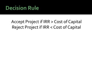 Accept Project if IRR > Cost of Capital
Reject Project if IRR < Cost of Capital
 