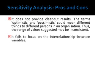 It does not provide clear-cut results. The terms
‘optimistic’ and ‘pessimistic’ could mean different
things to different persons in an organisation. Thus,
the range of values suggested may be inconsistent.
It fails to focus on the interrelationship between
variables.
73
 