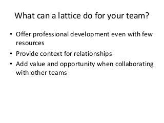 What can a lattice do for your team?
• Offer professional development even with few
resources
• Provide context for relati...