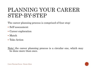 The career planning process is comprised of four step:
 Self-assessment
 Career exploration
 Match
 Take Action
Note: the career planning process is a circular one, which may
be done more than once.
Career Planning Process - Kwame Afram 5
 