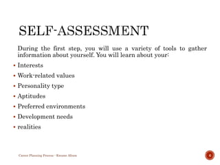 During the first step, you will use a variety of tools to gather
information about yourself. You will learn about your:
 Interests
 Work-related values
 Personality type
 Aptitudes
 Preferred environments
 Development needs
 realities
Career Planning Process - Kwame Afram 6
 