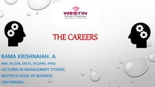 THE CAREERS
RAMA KRISHNAIAH. A
MBA, M.COM, MISTE, (PGDFM), (PHD)
LECTURER IN MANAGEMENT STUDIES,
WESTIN SCHOOL OF BUSINESS
VIJAYAWADA.
 