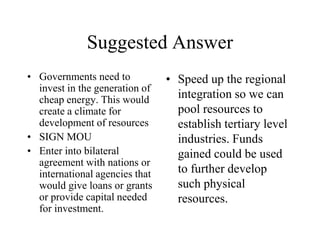 Suggested Answer
• Governments need to
invest in the generation of
cheap energy. This would
create a climate for
development of resources
• SIGN MOU
• Enter into bilateral
agreement with nations or
international agencies that
would give loans or grants
or provide capital needed
for investment.

• Speed up the regional
integration so we can
pool resources to
establish tertiary level
industries. Funds
gained could be used
to further develop
such physical
resources.

 