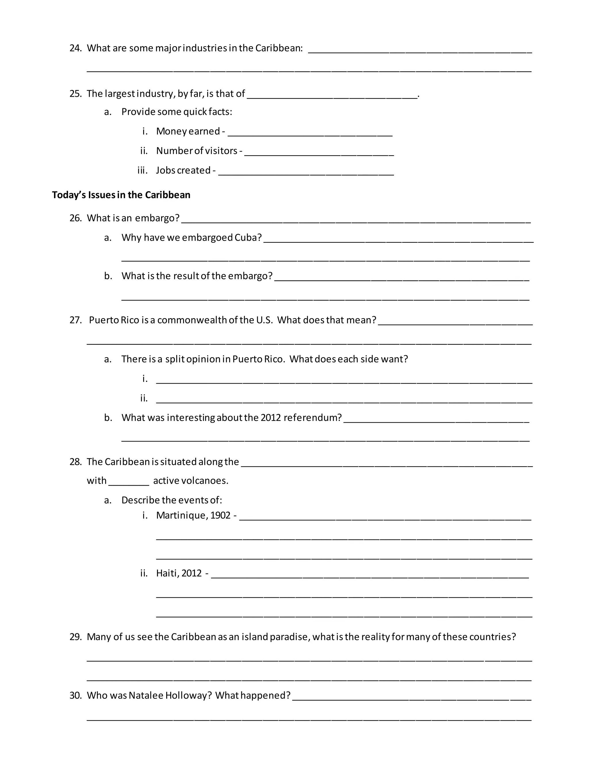 24. What are some majorindustriesinthe Caribbean: ___________________________________________
_____________________________________________________________________________________
25. The largestindustry,byfar,is that of _________________________________.
a. Provide some quickfacts:
i. Moneyearned - ________________________________
ii. Numberof visitors - _____________________________
iii. Jobscreated - __________________________________
Today’s Issuesin the Caribbean
26. What isan embargo?___________________________________________________________________
a. Why have we embargoedCuba?____________________________________________________
______________________________________________________________________________
b. What isthe resultof the embargo?_________________________________________________
______________________________________________________________________________
27. PuertoRico isa commonwealthof the U.S. What doesthat mean?______________________________
_____________________________________________________________________________________
a. There isa splitopinioninPuertoRico. Whatdoeseach side want?
i. ________________________________________________________________________
ii. ________________________________________________________________________
b. What was interestingaboutthe 2012 referendum?____________________________________
______________________________________________________________________________
28. The Caribbeanissituatedalongthe ________________________________________________________
with________ active volcanoes.
a. Describe the eventsof:
i. Martinique,1902 - ________________________________________________________
________________________________________________________________________
________________________________________________________________________
ii. Haiti,2012 - _____________________________________________________________
________________________________________________________________________
________________________________________________________________________
29. Many of us see the Caribbeanasan islandparadise,whatisthe realityformanyof these countries?
_____________________________________________________________________________________
_____________________________________________________________________________________
30. Who wasNatalee Holloway? Whathappened?______________________________________________
_____________________________________________________________________________________
 