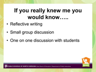 If you really knew me you
would know…..
• Reflective writing

• Small group discussion
• One on one discussion with students

 