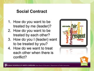 Social Contract
1. How do you want to be
treated by me (leader)?
2. How do you want to be
treated by each other?
3. How do you I (leader) want
to be treated by you?
4. How do we want to treat
each other when there is
conflict?

 