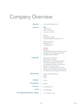 Company Overview
Web Site

www.carlsongroupinc.com

Locations

USA:
HQ: Chicago
350 E. 22nd Street
Lombard, IL 60148
Contact:
Mark Adams, COO
mark.adams@carlsongroupinc.com
Additional Ofﬁces:
Portland, OR
Los Angeles, CA
CHINA:
Shanghai
789 Zhaojiabang Road, 10th Floor Unit 3
Shanghai Jun Yao International Plaza
Shanghai, China 200032

Leadership

Greg Carlson, Principal
John Carlson, Principal
Mark Adams, Chief Operating Ofﬁcer
Scott Reczek, Director of Finance
Jim Thompson, Director of Production
Brad Kurz, Creative Director
Sabine Liu, Managing Director, China
Charles Tracy, Program Services Director
Laura Dillon, Human Resources Director

Memberships

Path to Purchase Institute
A.R.E.
IDSA

Inception

1999

Incorporation

Oregon

Structure

S-privately held

Tax ID

93-12652222

Dun & Bradstreet Number / Rating

17-117-3219 / 1R3

101

SS-CO

 