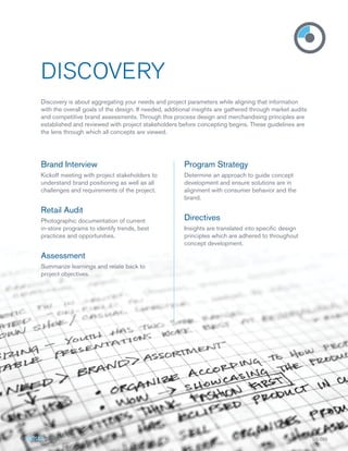 DISCOVERY
Discovery is about aggregating your needs and project parameters while aligning that information
with the overall goals of the design. If needed, additional insights are gathered through market audits
and competitive brand assessments. Through this process design and merchandising principles are
established and reviewed with project stakeholders before concepting begins. These guidelines are
the lens through which all concepts are viewed.

Brand Interview

Program Strategy

Kickoff meeting with project stakeholders to
understand brand positioning as well as all
challenges and requirements of the project.

Determine an approach to guide concept
development and ensure solutions are in
alignment with consumer behavior and the
brand.

Retail Audit
Photographic documentation of current
in-store programs to identify trends, best
practices and opportunities.

Directives
Insights are translated into speciﬁc design
principles which are adhered to throughout
concept development.

Assessment
Summarize learnings and relate back to
project objectives.

SS-DIS
SS DIS
S

 