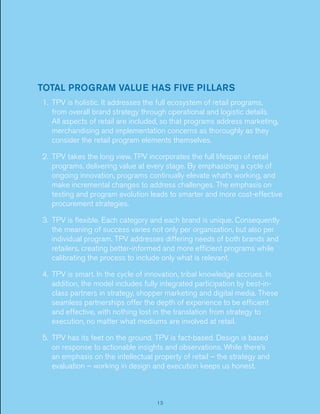 TOTAL PROGRAM VALUE HAS FIVE PILLARS
1. TPV is holistic. It addresses the full ecosystem of retail programs,
from overall brand strategy through operational and logistic details.
All aspects of retail are included, so that programs address marketing,
merchandising and implementation concerns as thoroughly as they
consider the retail program elements themselves.
2. TPV takes the long view. TPV incorporates the full lifespan of retail
programs, delivering value at every stage. By emphasizing a cycle of
ongoing innovation, programs continually elevate what’s working, and
make incremental changes to address challenges. The emphasis on
testing and program evolution leads to smarter and more cost-effective
procurement strategies.
3. TPV is ﬂexible. Each category and each brand is unique. Consequently
the meaning of success varies not only per organization, but also per
individual program. TPV addresses differing needs of both brands and
retailers, creating better-informed and more efﬁcient programs while
calibrating the process to include only what is relevant.
4. TPV is smart. In the cycle of innovation, tribal knowledge accrues. In
addition, the model includes fully integrated participation by best-inclass partners in strategy, shopper marketing and digital media. These
seamless partnerships offer the depth of experience to be efﬁcient
and effective, with nothing lost in the translation from strategy to
execution, no matter what mediums are involved at retail.
5. TPV has its feet on the ground. TPV is fact-based. Design is based
on response to actionable insights and observations. While there’s
an emphasis on the intellectual property of retail – the strategy and
evaluation – working in design and execution keeps us honest.

13

 