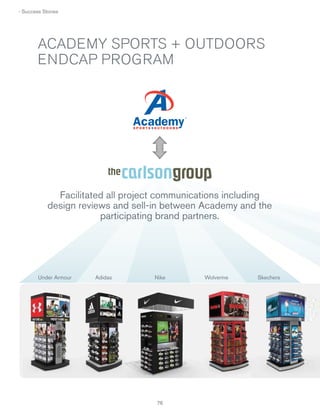 › Success Stories

ACADEMY SPORTS + OUTDOORS
ENDCAP PROGRAM

Facilitated all project communications including
design reviews and sell-in between Academy and the
participating brand partners.

Under Armour

Adidas

Nike

76

Wolverine

Skechers

 