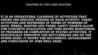 IT IS AN OPERATIONAL CALENDAR OF ACTIVITIES THAT
SHOWS THE SPECIFIC PERIODS OF EACH ACTIVITY. THESE
ACTIVITIES ARE EXPRESSED IN TERMS OF NUMBERS OF
DAYS, WEEKS, MONTHS AND YEARS. GANTT CHARTS ALLOW
FOR CONCRETE EVALUATION AND TIME BOUND MONITORING
OF PROGRESS OR COMPLETION OF STATED ACTIVITIES. IT
SPECIFICALLY PINPOINTS THE BOTTLENECKS AND ON THE
OTHER HAND, IT SHOWS THE SUCCESSFUL ADVANCEMENT
AND CONCLUSION OF JOBS WELL DONE.
 