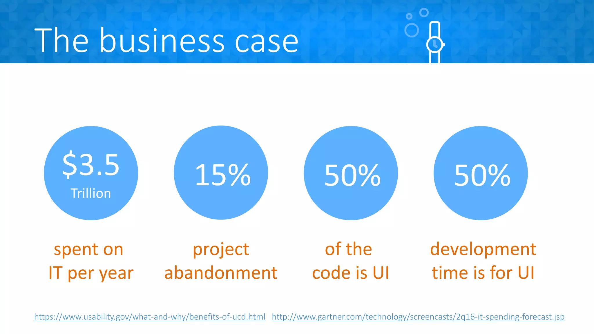 The business case
$3.5
Trillion
15% 50% 50%
spent on
IT per year
project
abandonment
of the
code is UI
development
time is for UI
https://www.usability.gov/what-and-why/benefits-of-ucd.html http://www.gartner.com/technology/screencasts/2q16-it-spending-forecast.jsp
 
