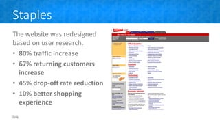 Staples
The website was redesigned
based on user research.
• 80% traffic increase
• 67% returning customers
increase
• 45% drop-off rate reduction
• 10% better shopping
experience
link
 