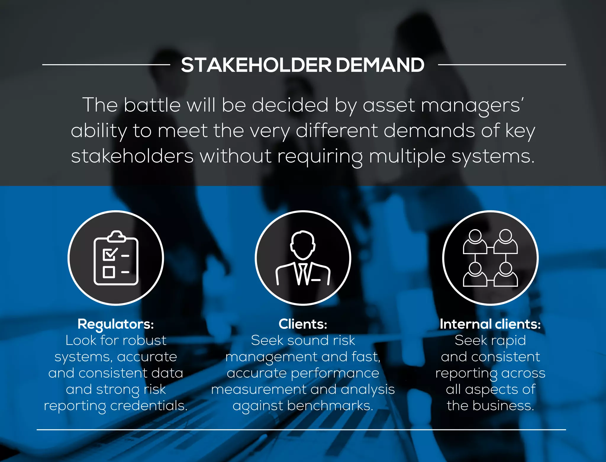 The battle will be decided by asset managers’
ability to meet the very different demands of key
stakeholders without requiring multiple systems.
STAKEHOLDER DEMAND
Regulators:
Look for robust
systems, accurate
and consistent data
and strong risk
reporting credentials.
Clients:
Seek sound risk
management and fast,
accurate performance
measurement and analysis
against benchmarks.
Internal clients:
Seek rapid
and consistent
reporting across
all aspects of
the business.
 