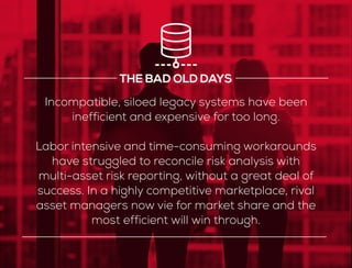 Incompatible, siloed legacy systems have been
inefficient and expensive for too long.
Labor intensive and time-consuming workarounds
have struggled to reconcile risk analysis with
multi-asset risk reporting, without a great deal of
success. In a highly competitive marketplace, rival
asset managers now vie for market share and the
most efficient will win through.
THE BAD OLD DAYS
 