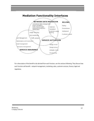 For a description of the benefit to be derived from each function, see the sections following. They discuss how
   each function will benefit - network management, marketing, sales, customer services, finance, legal and
   regulatory.




Mediation                                                                                                     12
Compaq Telecom
 